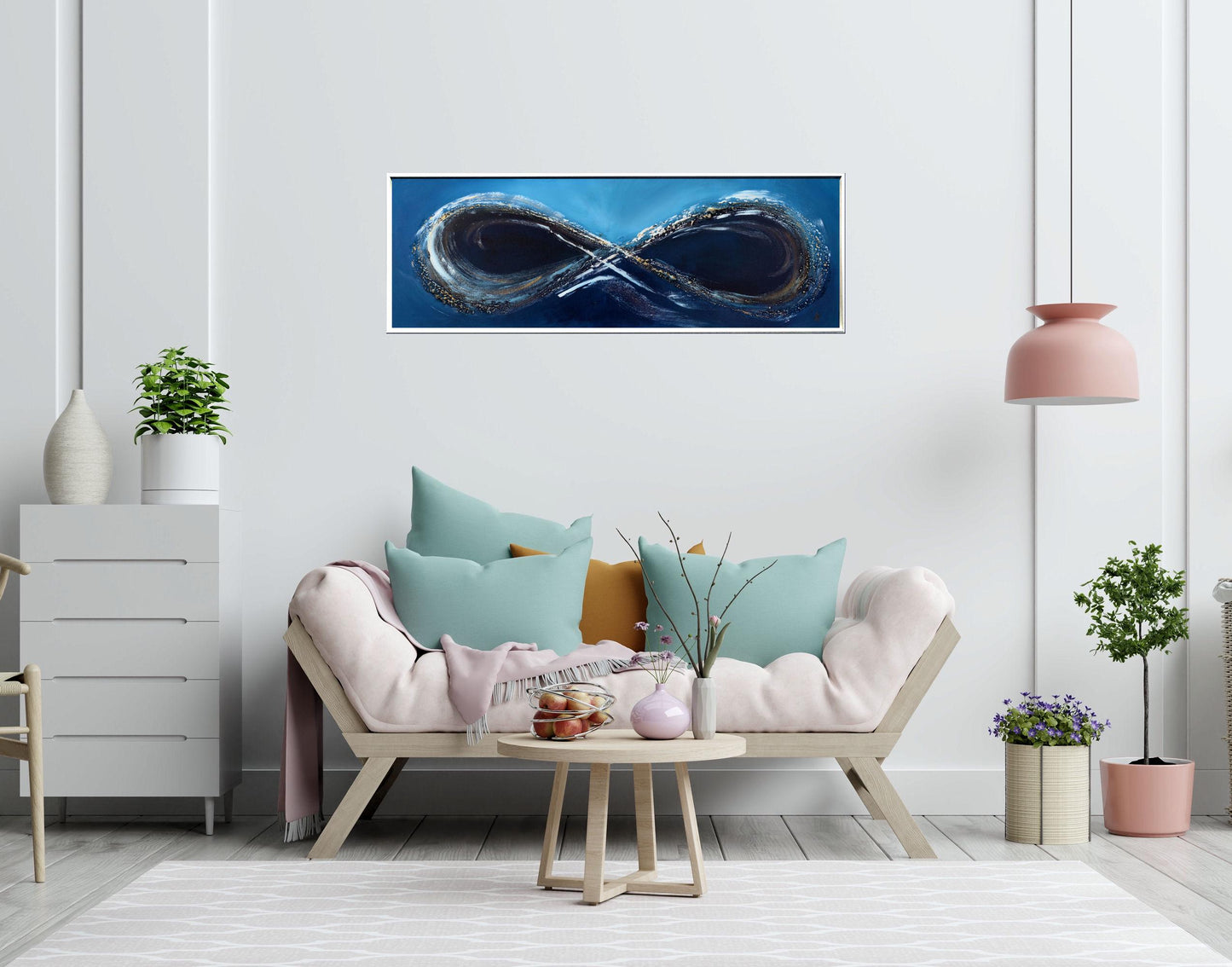Blue Infinity – Abstract Infinity Symbol Painting with White Frame | 123 × 43 cm