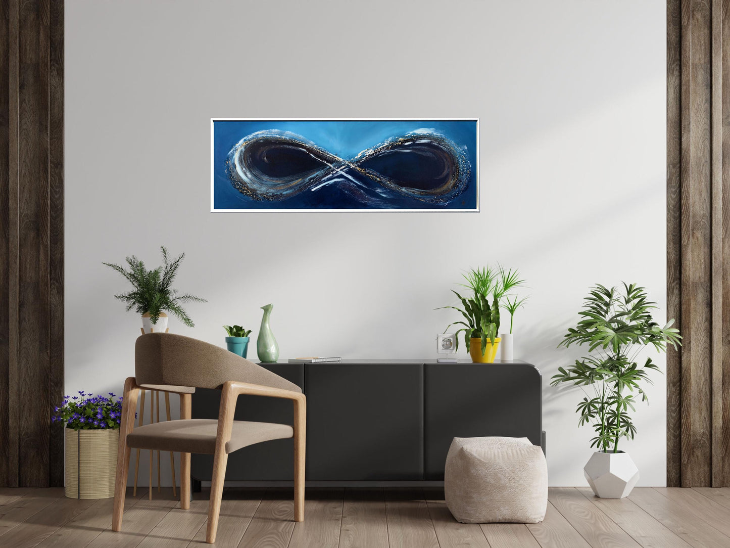 Blue Infinity – Abstract Infinity Symbol Painting with White Frame | 123 × 43 cm
