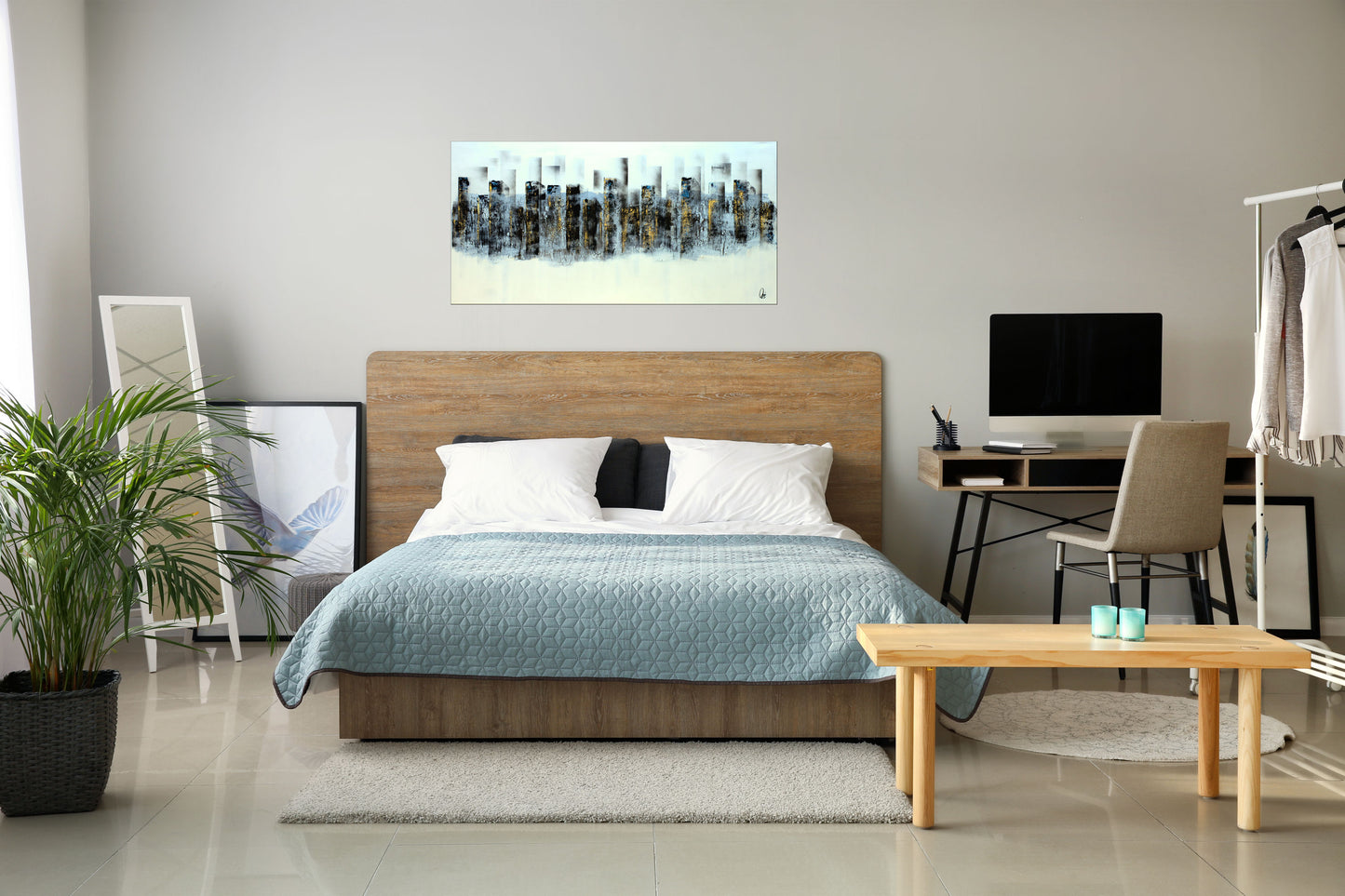 Blue Windows – Abstract Urban Acrylic Painting | 140 x 70 cm | Edelgard Schroer