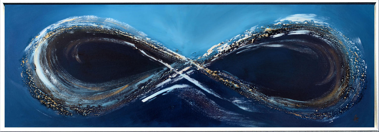 Blue Infinity – Abstract Infinity Symbol Painting with White Frame | 123 × 43 cm