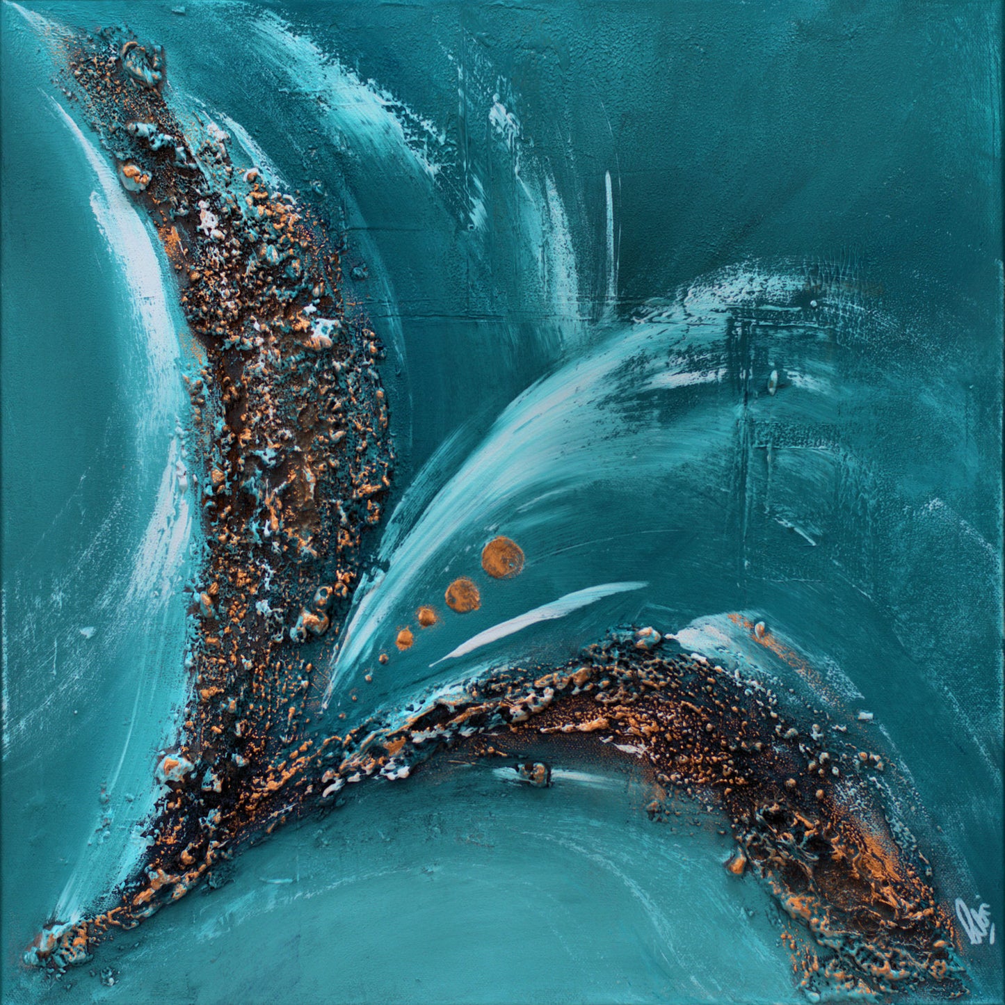 Tidal Bronze – Abstract Teal Bronze Painting | 50×50 cm | Edelgard Schroer
