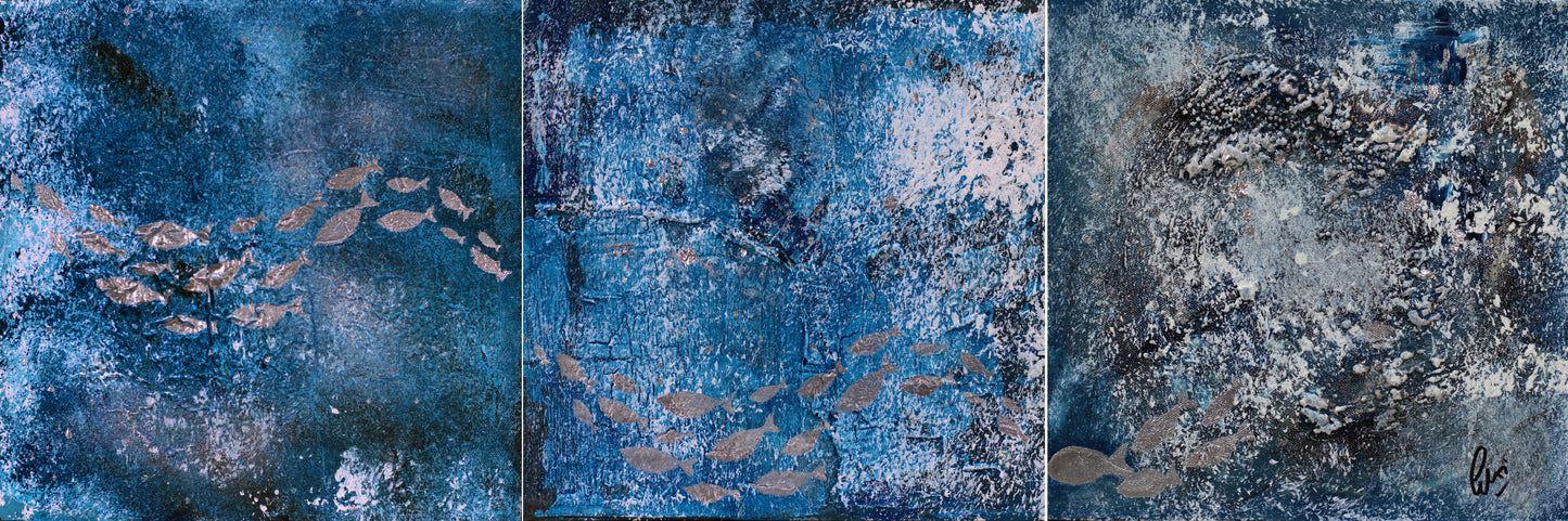 Silver School – Textured Ocean Triptych Painting | 90 x 30 cm | Edelgard Schroer