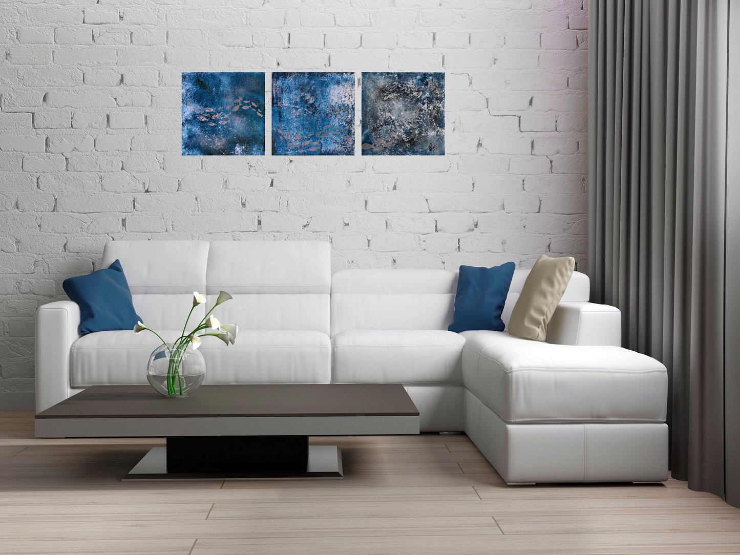 Silver School – Textured Ocean Triptych Painting | 90 x 30 cm | Edelgard Schroer