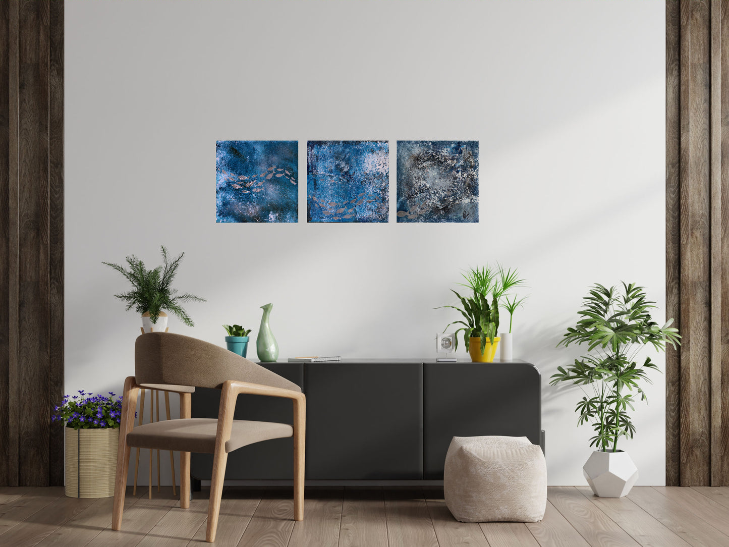 Silver School – Textured Ocean Triptych Painting | 90 x 30 cm | Edelgard Schroer
