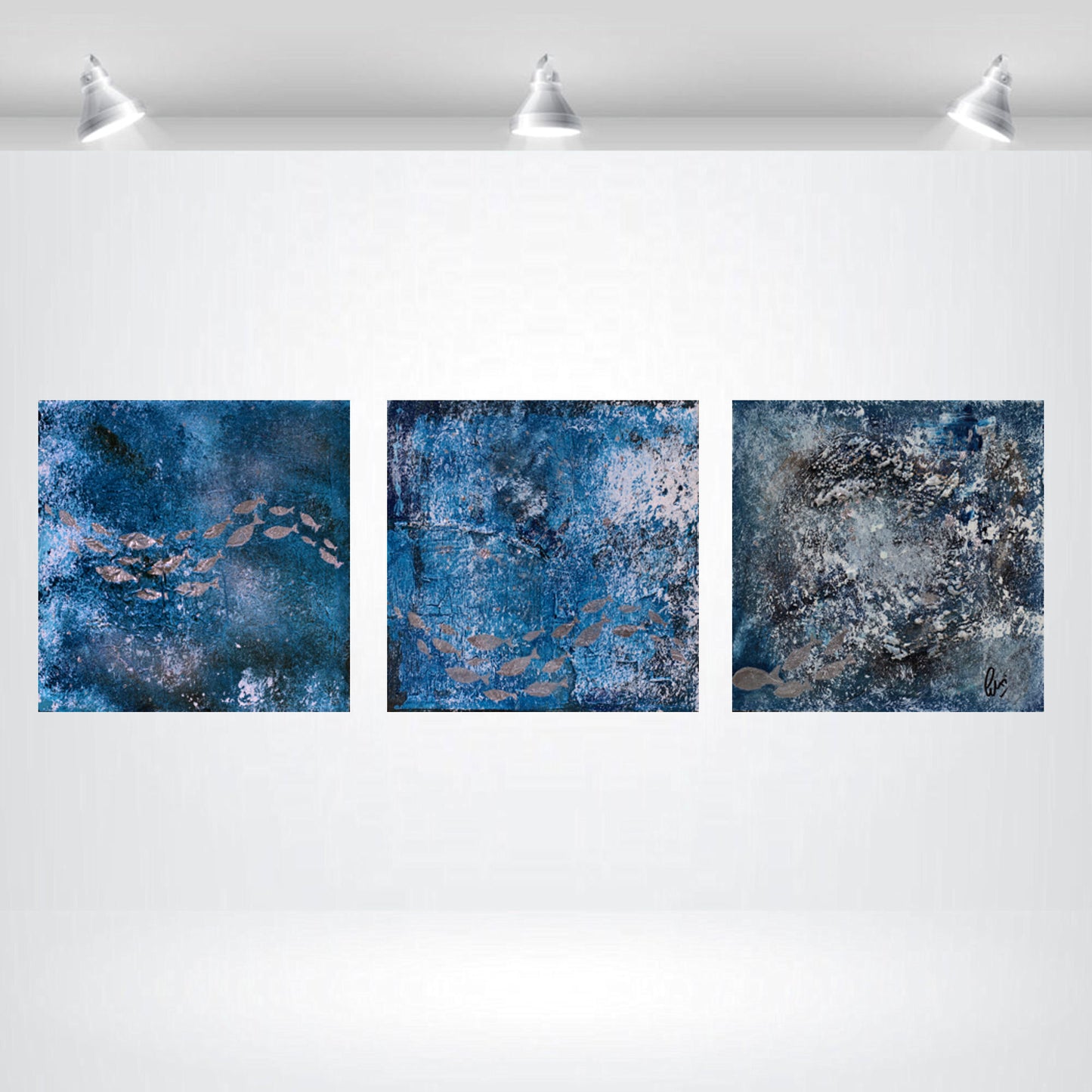 Silver School – Textured Ocean Triptych Painting | 90 x 30 cm | Edelgard Schroer