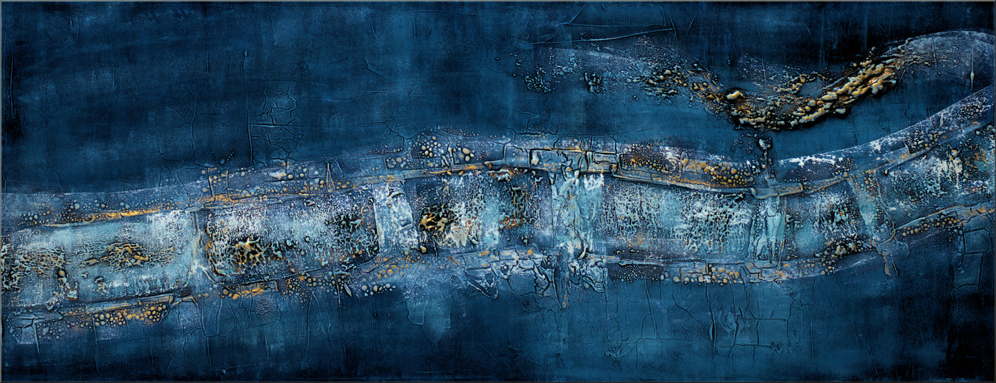 Golden Traces – Abstract Blue & Gold Acrylic Painting | 133 x 53 cm | Edelgard Schroer