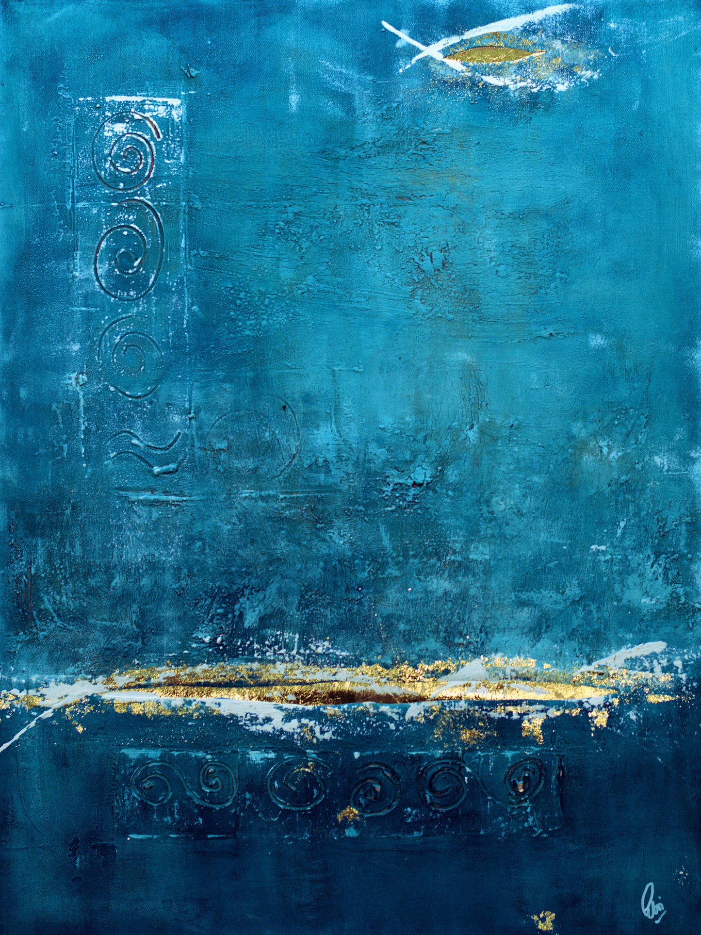 Golden Outlook – Blue & Gold Abstract Acrylic Painting on Canvas by Edelgard Schroer