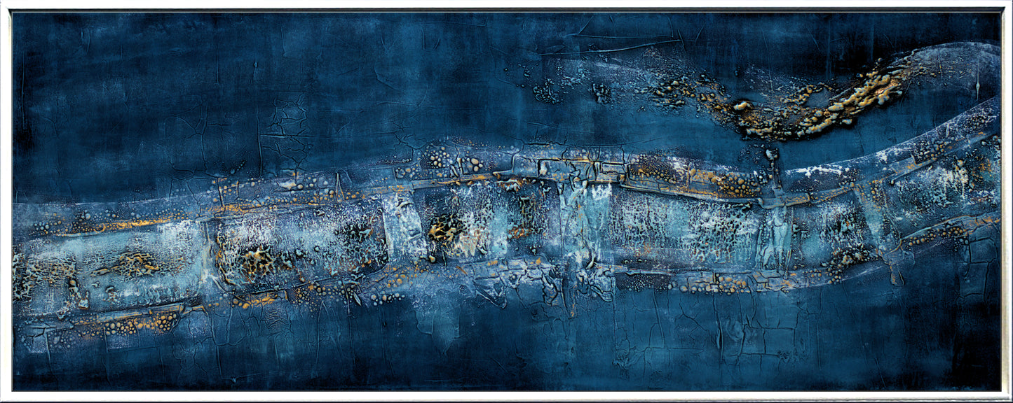 Golden Traces – Abstract Blue & Gold Acrylic Painting | 133 x 53 cm | Edelgard Schroer