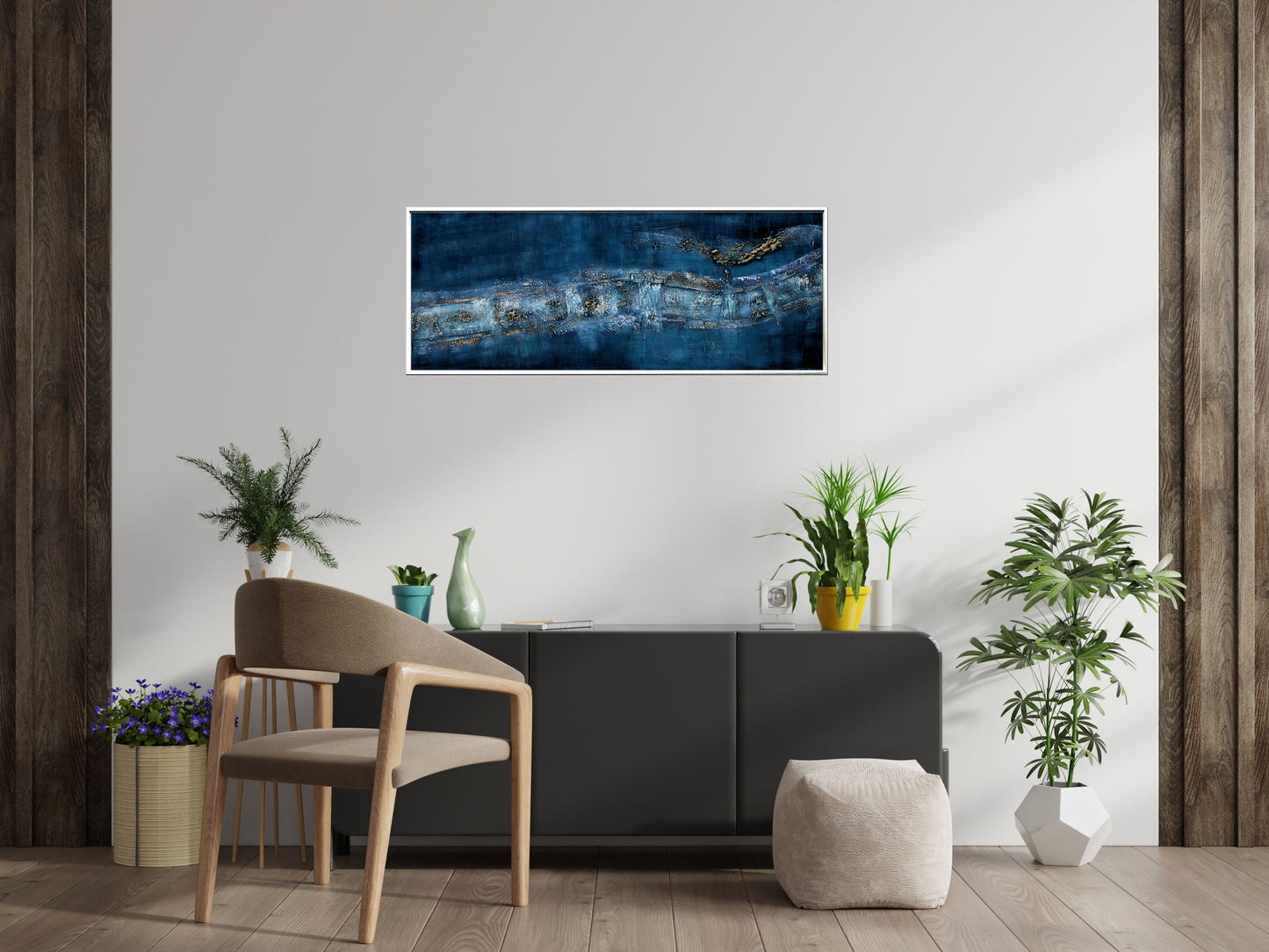 Golden Traces – Abstract Blue & Gold Acrylic Painting | 133 x 53 cm | Edelgard Schroer
