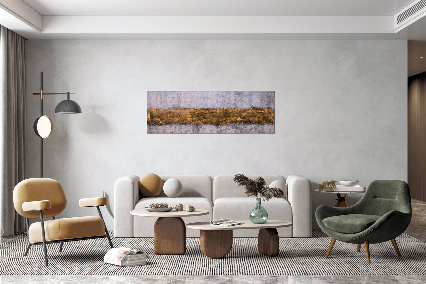 Golden Threads – Abstract Industrial Painting | 150 × 50 cm | Edelgard Schroer