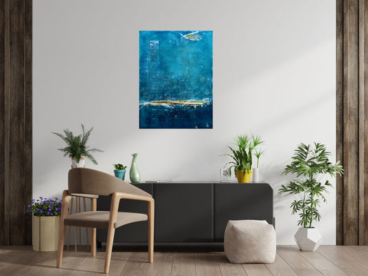 Golden Outlook – Blue & Gold Abstract Acrylic Painting on Canvas by Edelgard Schroer