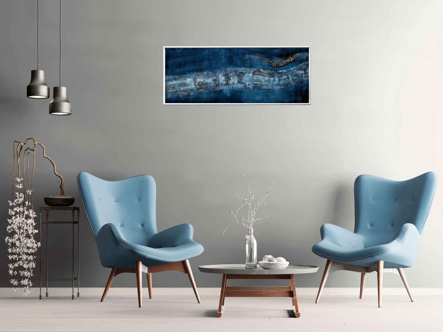 Golden Traces – Abstract Blue & Gold Acrylic Painting | 133 x 53 cm | Edelgard Schroer