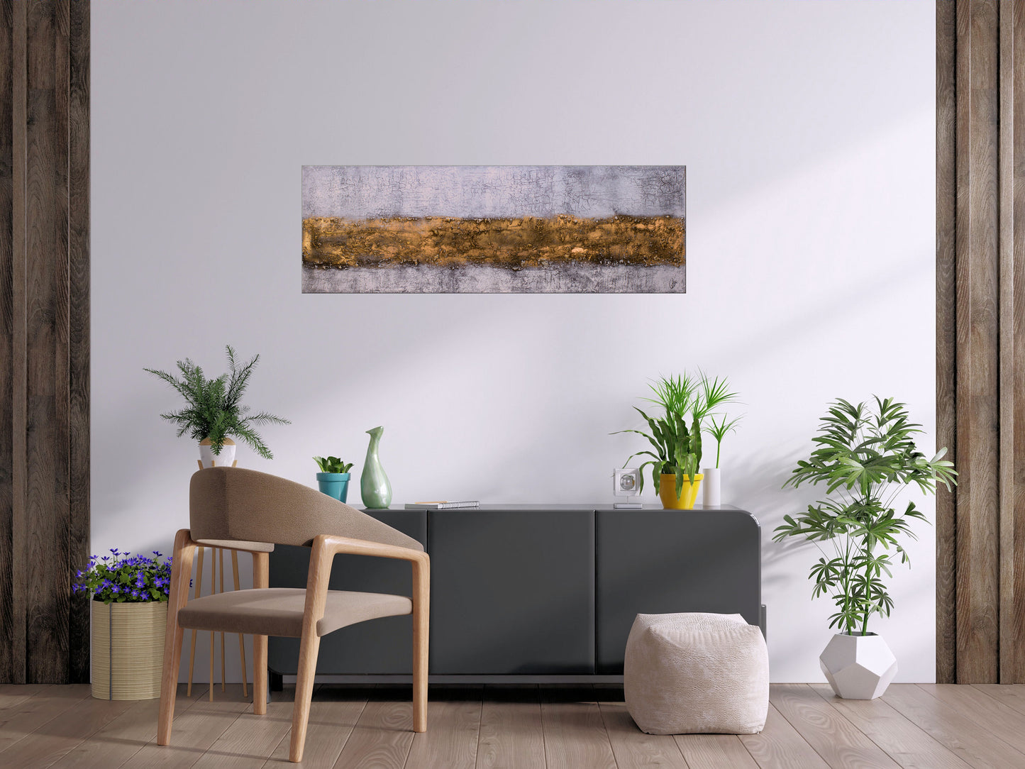 Golden Threads – Abstract Industrial Painting | 150 × 50 cm | Edelgard Schroer