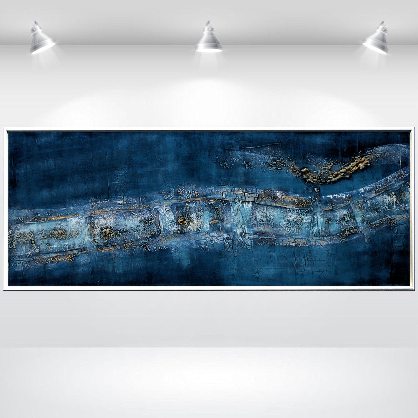Golden Traces – Abstract Blue & Gold Acrylic Painting | 133 x 53 cm | Edelgard Schroer
