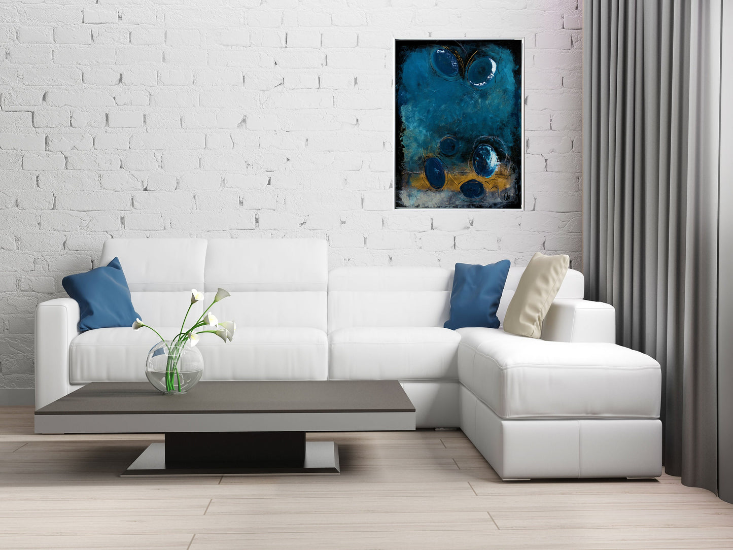 Free Flying – Abstract Blue Gold Textured Painting | 60 × 80 cm | Edelgard Schroer