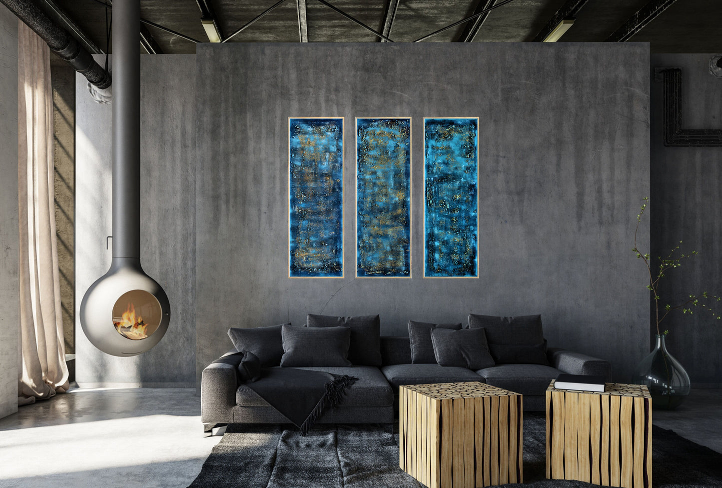 Blue Fantasies – Abstract Triptych Painting | 120 × 120 cm | Edelgard Schroer