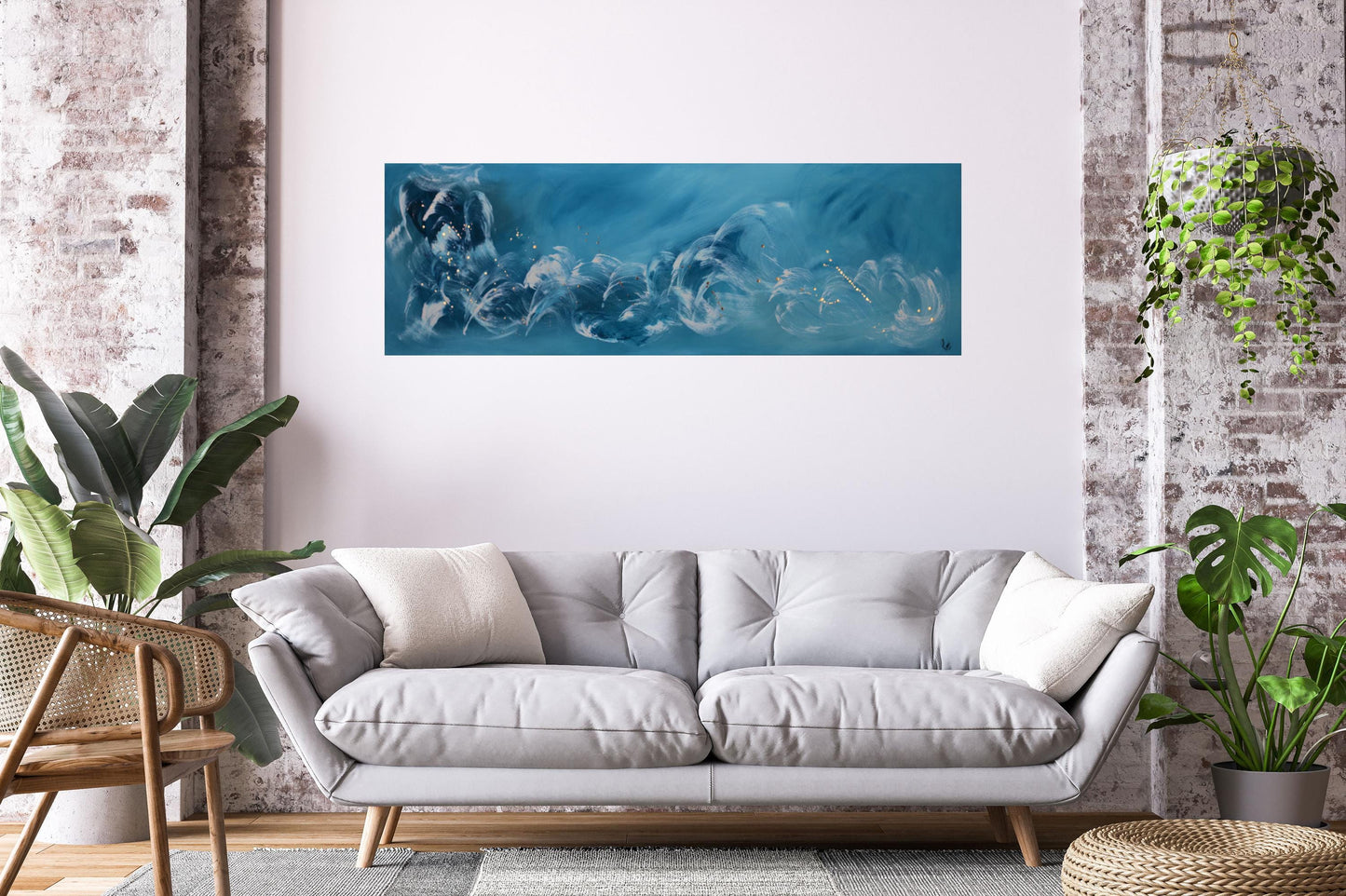 Original Painting Blue Abstract Art – Large Wall Art 50x150cm – Calm Energy with Gold Details – Textured Acrylic Canvas Horizontal Decor