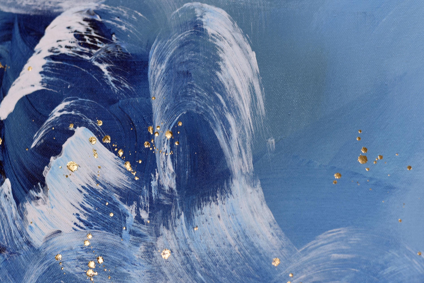 Original Painting Blue Abstract Art – Large Wall Art 50x150cm – Calm Energy with Gold Details – Textured Acrylic Canvas Horizontal Decor