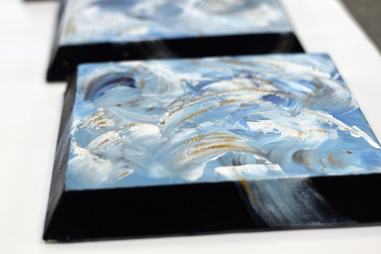 Tidal Whispers – Set of 3 Abstract Paintings 30x30cm – Blue Gold Modern Art – Textured Acrylic Canvas – Triptych Wall Decor