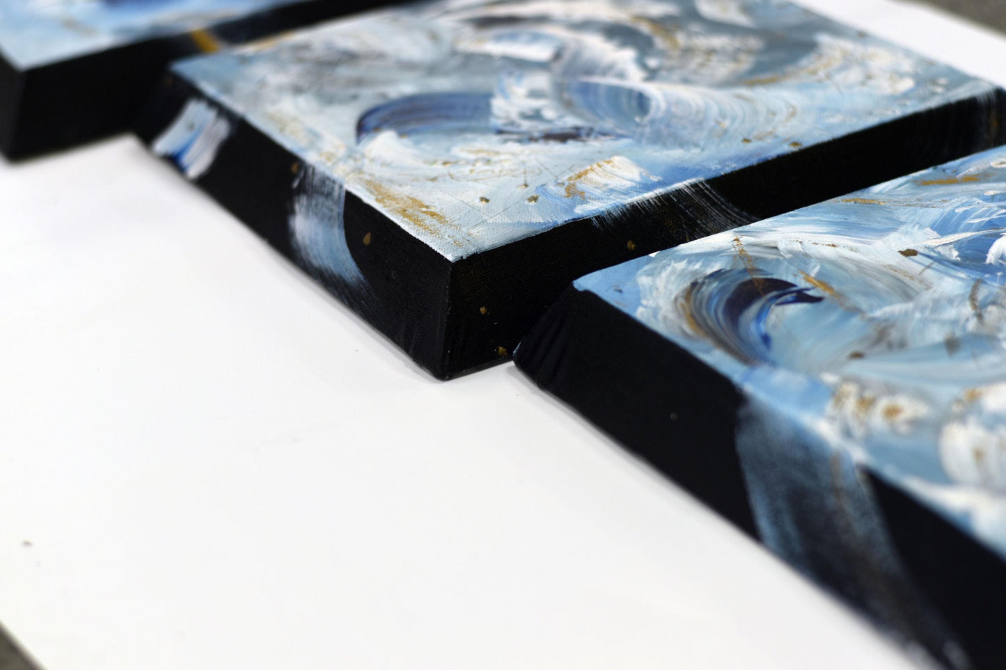 Tidal Whispers – Set of 3 Abstract Paintings 30x30cm – Blue Gold Modern Art – Textured Acrylic Canvas – Triptych Wall Decor