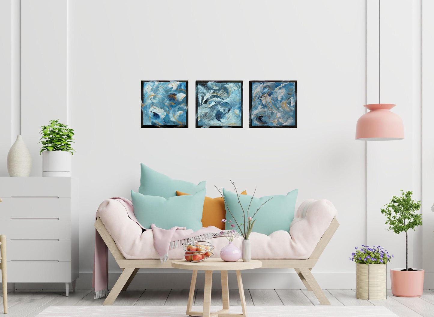 Tidal Whispers – Set of 3 Abstract Paintings 30x30cm – Blue Gold Modern Art – Textured Acrylic Canvas – Triptych Wall Decor