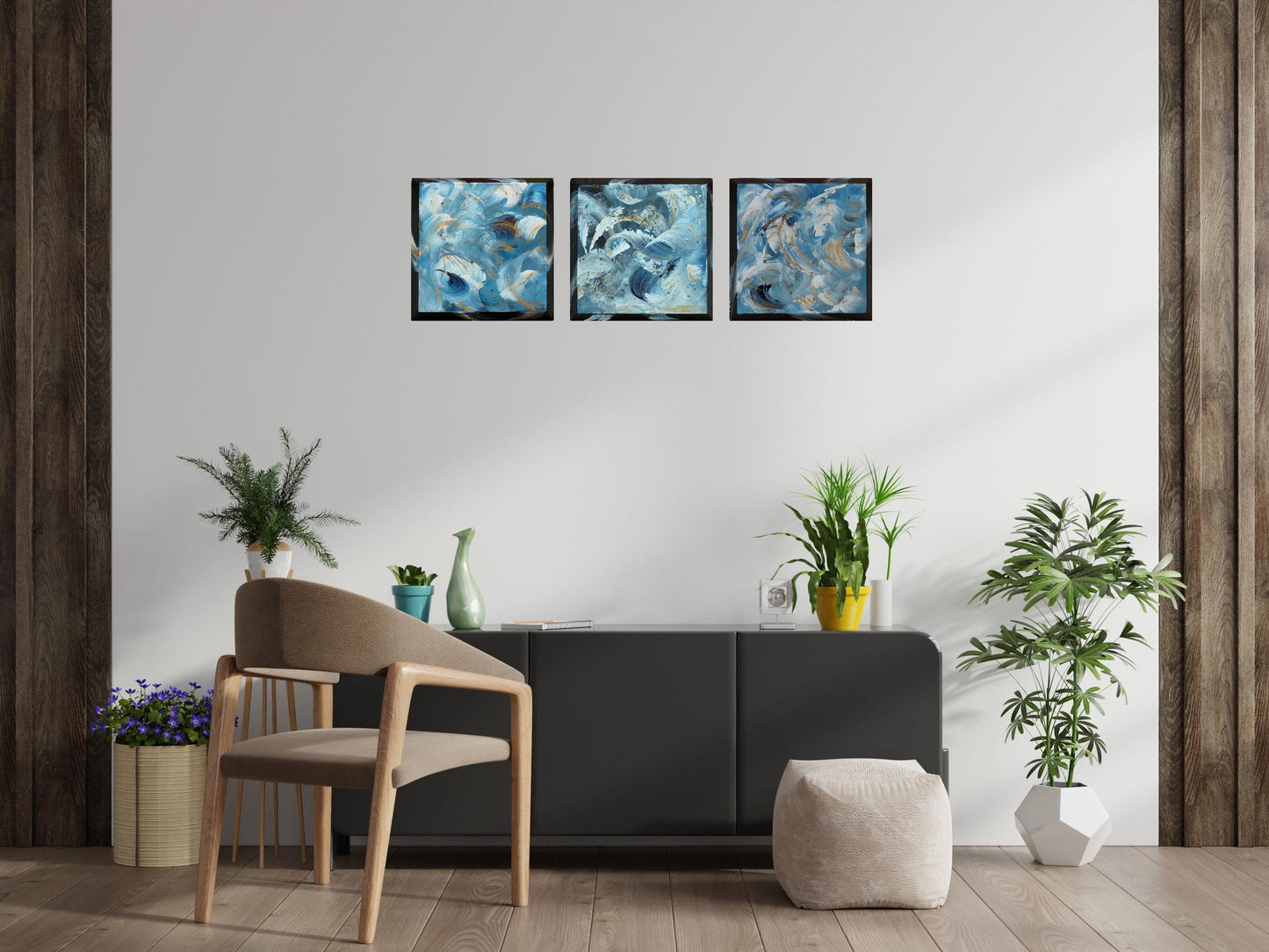 Tidal Whispers – Set of 3 Abstract Paintings 30x30cm – Blue Gold Modern Art – Textured Acrylic Canvas – Triptych Wall Decor