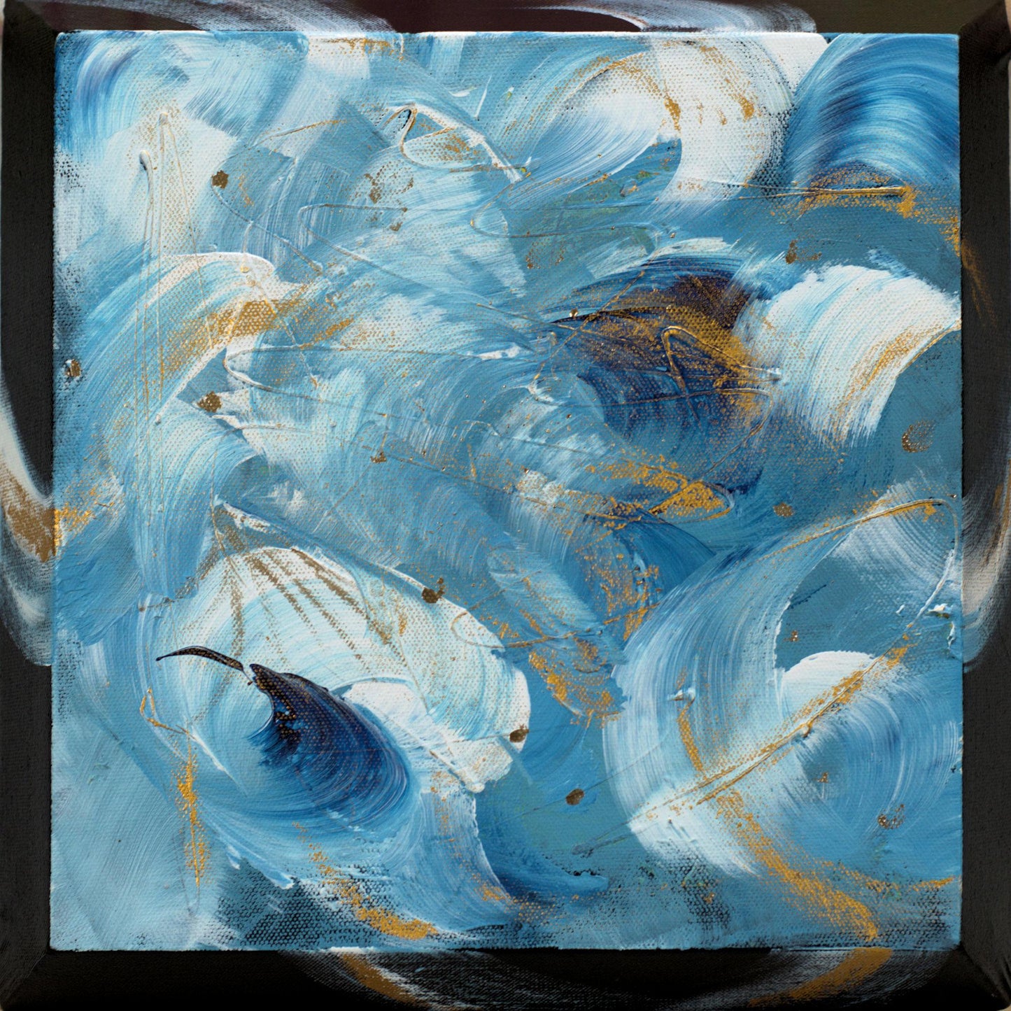 Tidal Whispers – Set of 3 Abstract Paintings 30x30cm – Blue Gold Modern Art – Textured Acrylic Canvas – Triptych Wall Decor