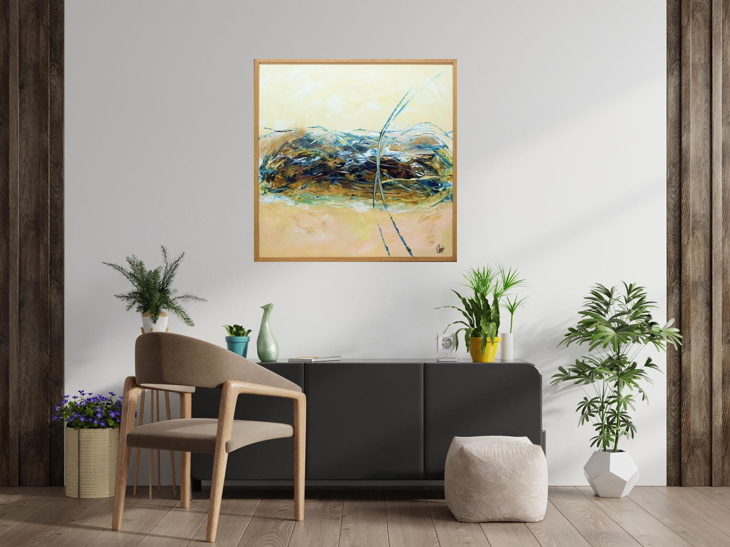 Barry’s Gold – Abstract Textured Art on Canvas | Blue Beige Gold Wall Art | 83×83 cm Framed Painting by Edelgard Schroer