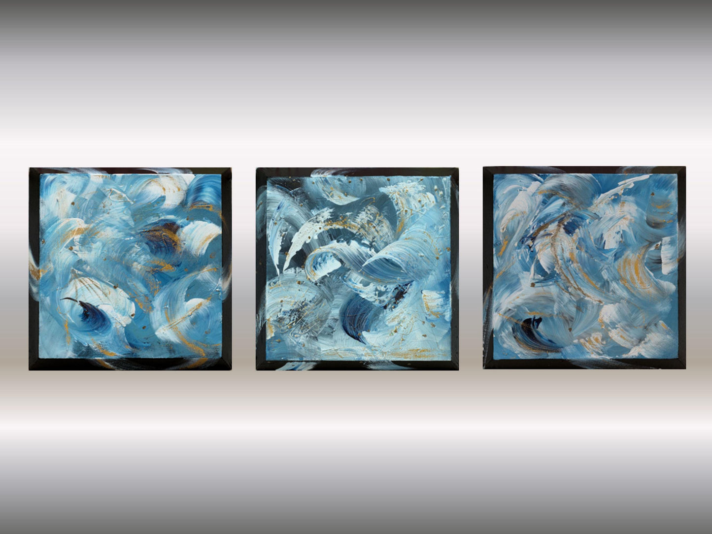 Tidal Whispers – Set of 3 Abstract Paintings 30x30cm – Blue Gold Modern Art – Textured Acrylic Canvas – Triptych Wall Decor