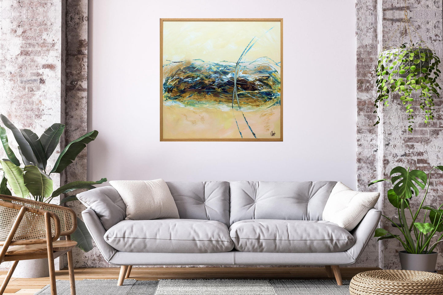Barry’s Gold – Abstract Textured Art on Canvas | Blue Beige Gold Wall Art | 83×83 cm Framed Painting by Edelgard Schroer
