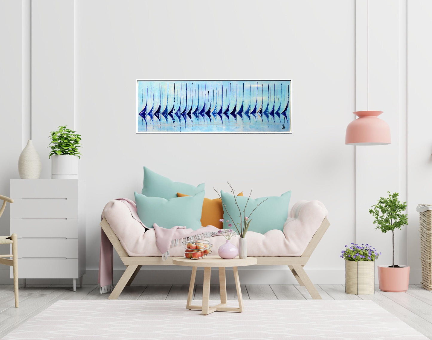 Ocean Harmony – Abstract Sailboats Acrylic Painting | 123 × 43 cm | Edelgard Schroer