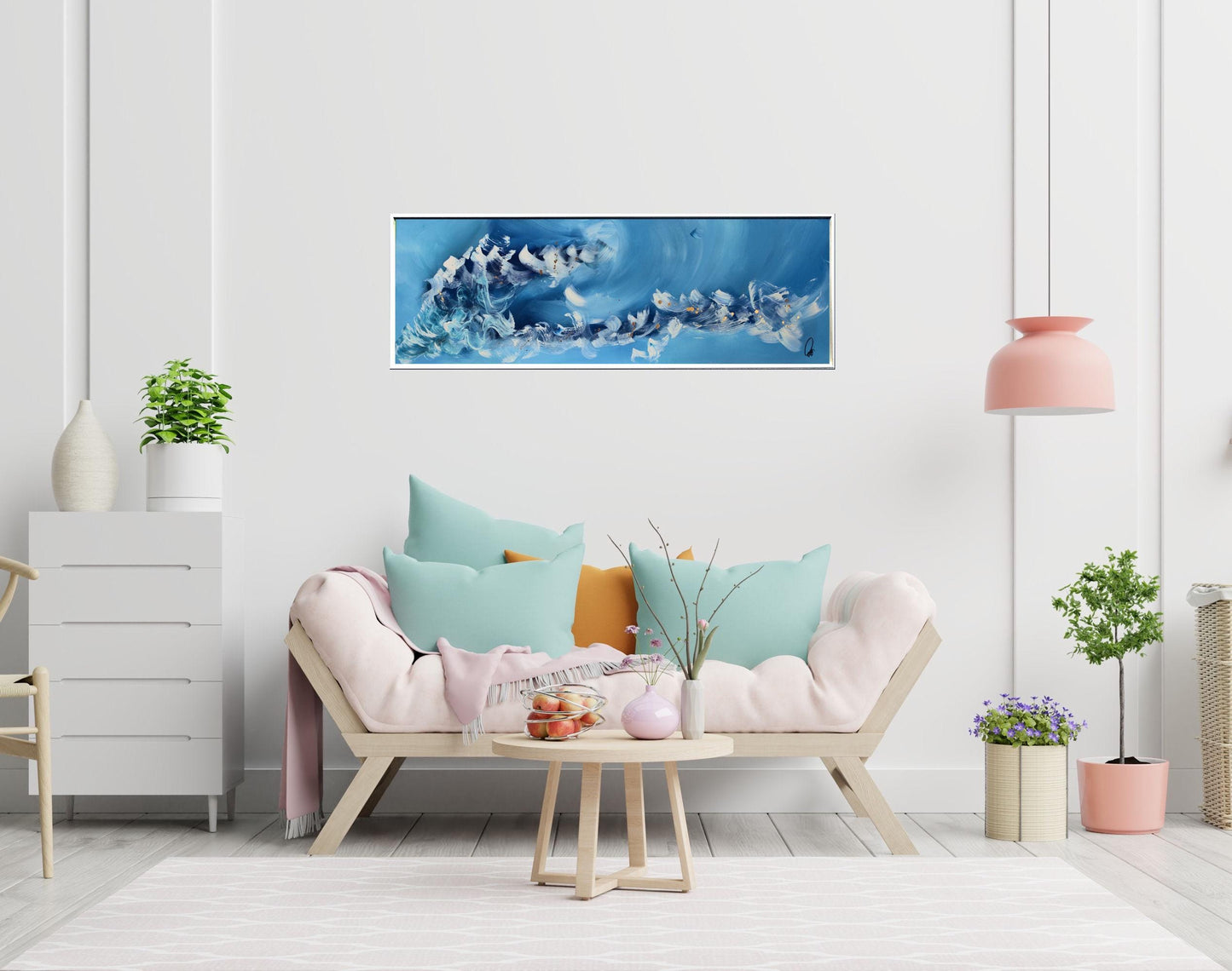 Azure Flow – Abstract Blue White Gold Painting | 123 × 43 cm | Edelgard Schroer