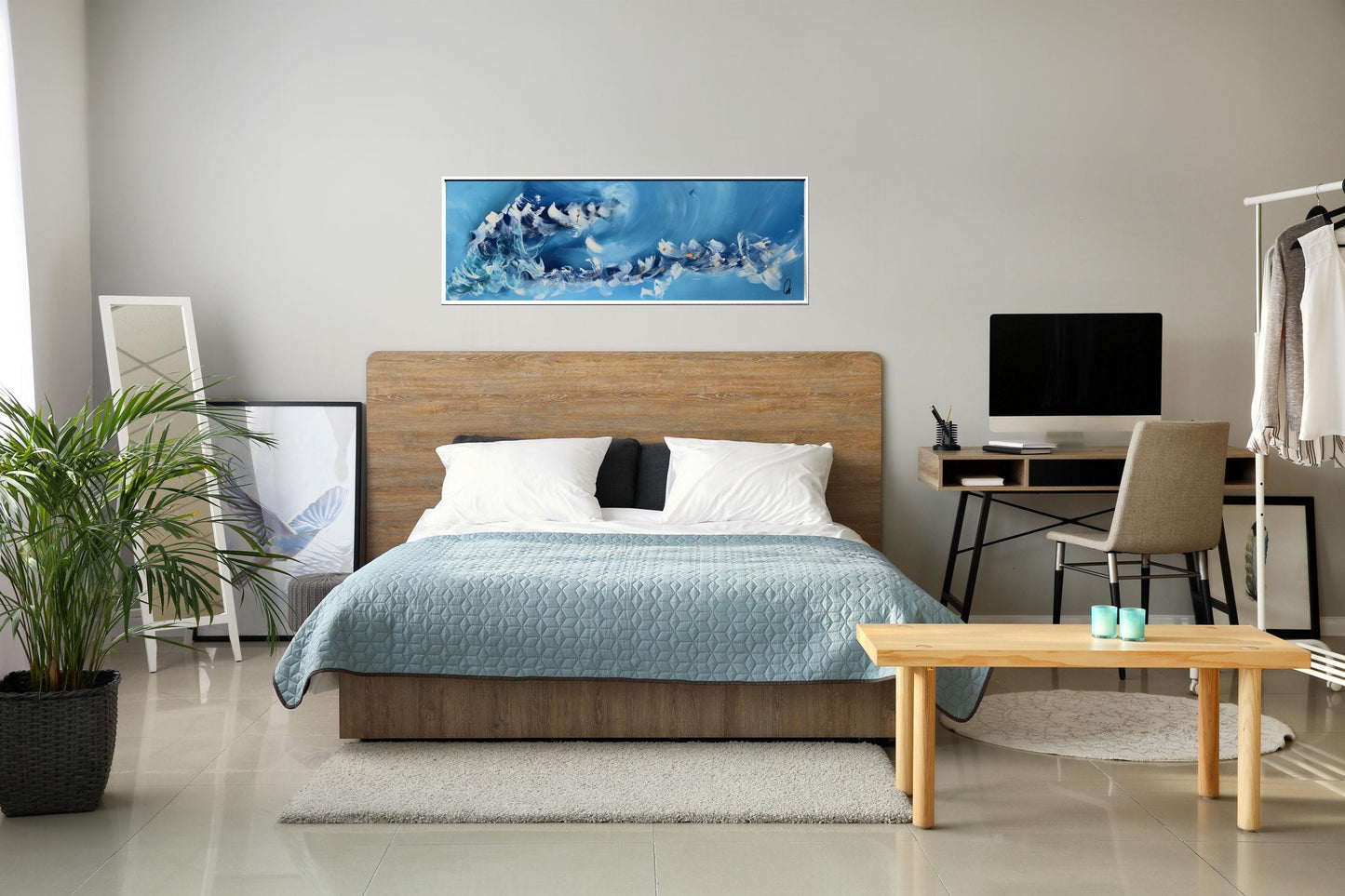 Azure Flow – Abstract Blue White Gold Painting | 123 × 43 cm | Edelgard Schroer