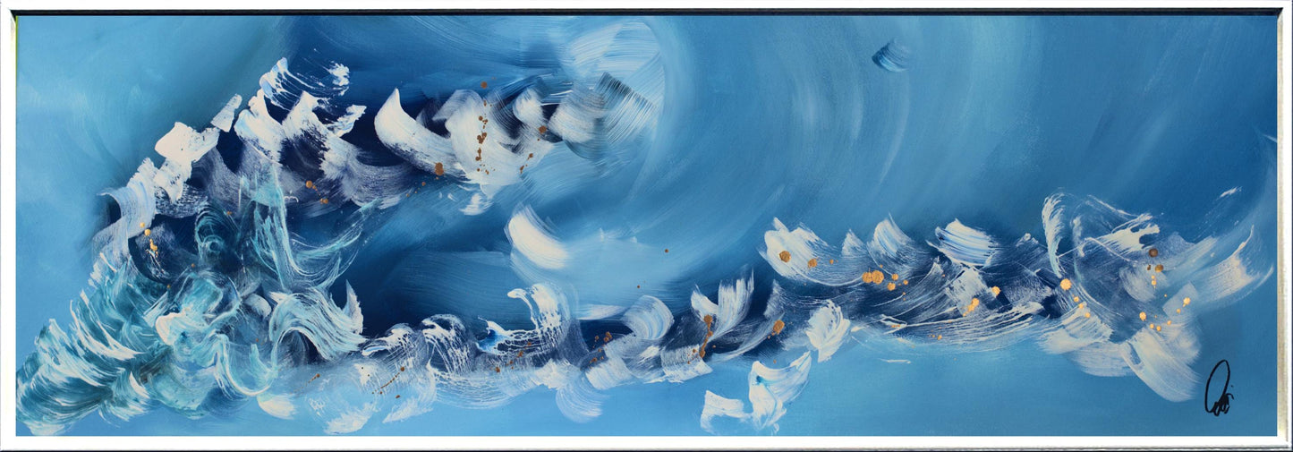 Azure Flow – Abstract Blue White Gold Painting | 123 × 43 cm | Edelgard Schroer