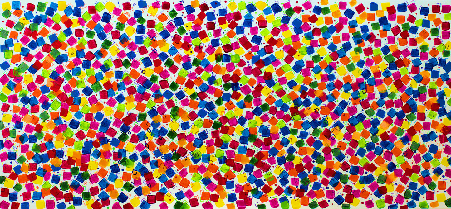 Dancing Pixels – Abstract Colorful Painting | 140×65 cm | Edelgard Schroer
