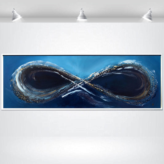 Blue Infinity – Abstract Infinity Symbol Painting with White Frame | 123 × 43 cm