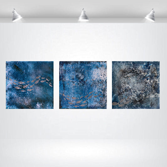 Silver School – Textured Ocean Triptych Painting | 90 x 30 cm | Edelgard Schroer