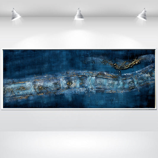 Golden Traces – Abstract Blue & Gold Acrylic Painting | 133 x 53 cm | Edelgard Schroer