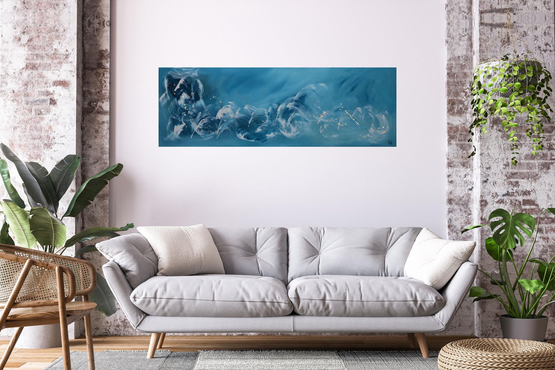 Original Painting Blue Abstract Art – Large Wall Art 50x150cm – Calm Energy with Gold Details – Textured Acrylic Canvas Horizontal Decor