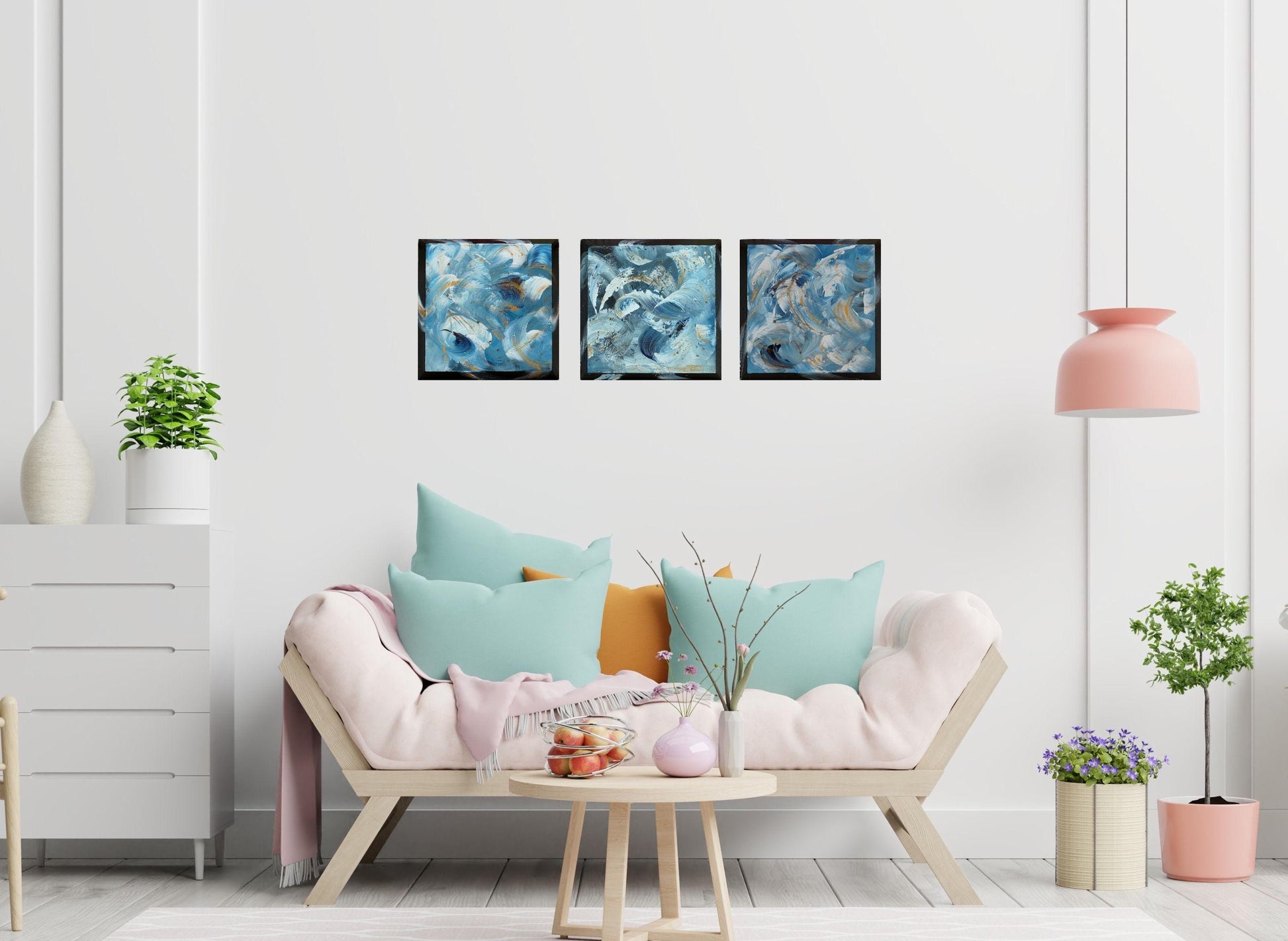Tidal Whispers – Set of 3 Abstract Paintings 30x30cm – Blue Gold Modern Art – Textured Acrylic Canvas – Triptych Wall Decor