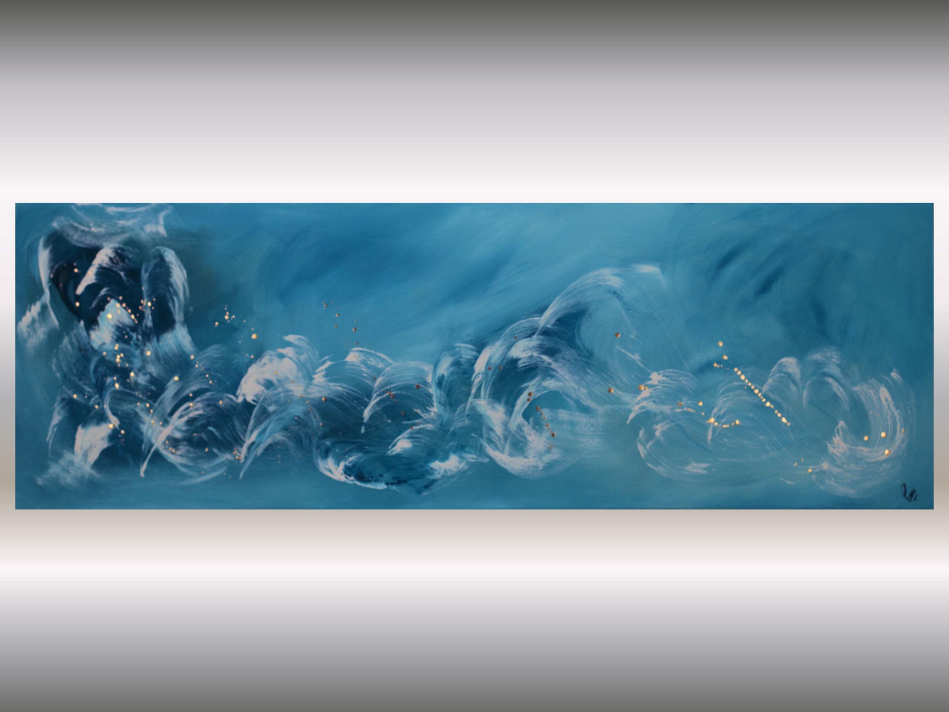 Original Painting Blue Abstract Art – Large Wall Art 50x150cm – Calm Energy with Gold Details – Textured Acrylic Canvas Horizontal Decor