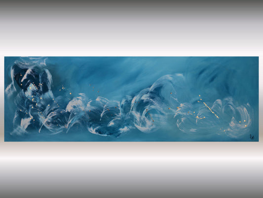 Original Painting Blue Abstract Art – Large Wall Art 50x150cm – Calm Energy with Gold Details – Textured Acrylic Canvas Horizontal Decor