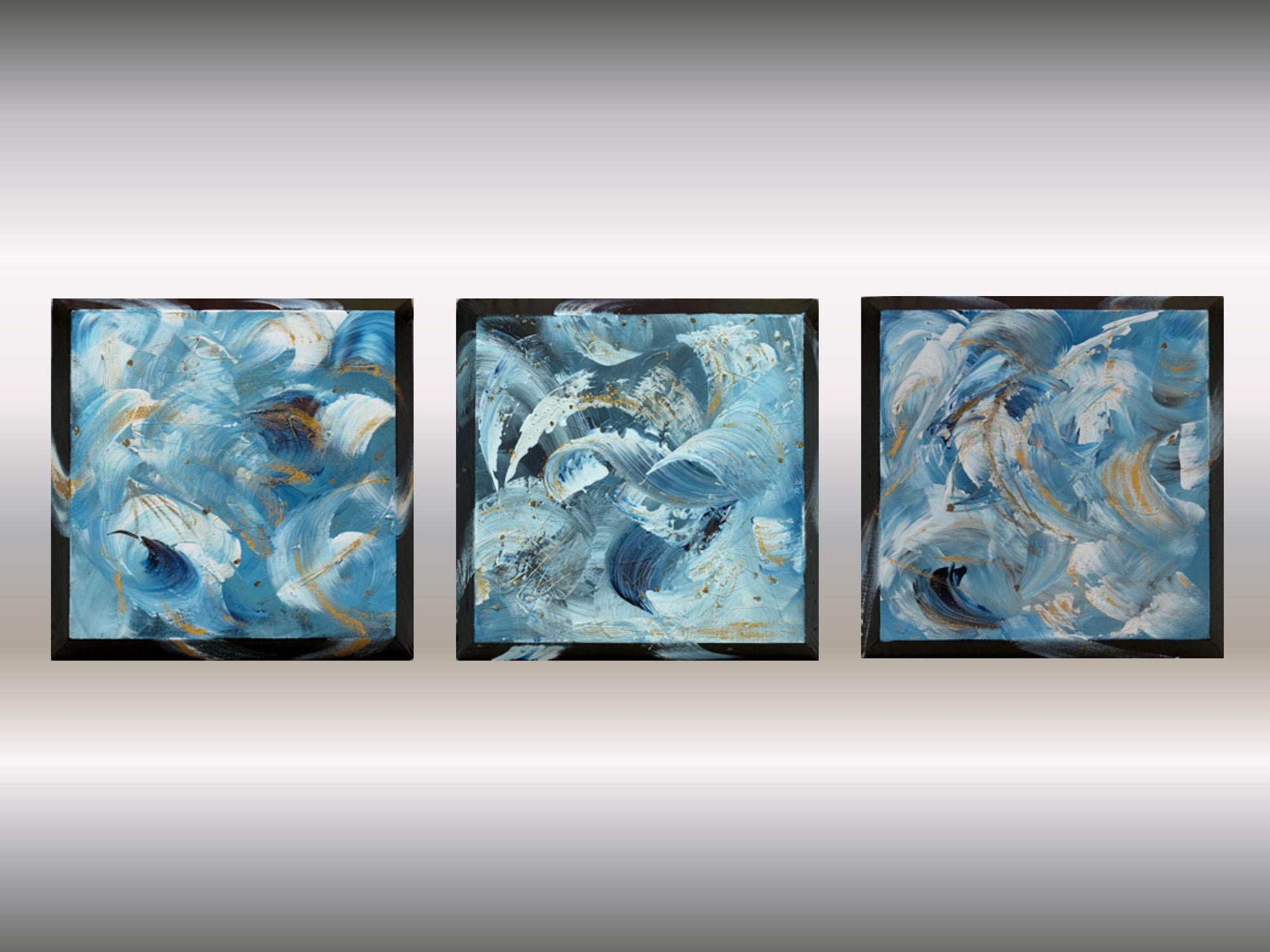 Tidal Whispers – Set of 3 Abstract Paintings 30x30cm – Blue Gold Modern Art – Textured Acrylic Canvas – Triptych Wall Decor