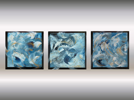 Tidal Whispers – Set of 3 Abstract Paintings 30x30cm – Blue Gold Modern Art – Textured Acrylic Canvas – Triptych Wall Decor