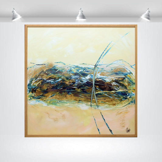 Barry’s Gold – Abstract Textured Art on Canvas | Blue Beige Gold Wall Art | 83×83 cm Framed Painting by Edelgard Schroer
